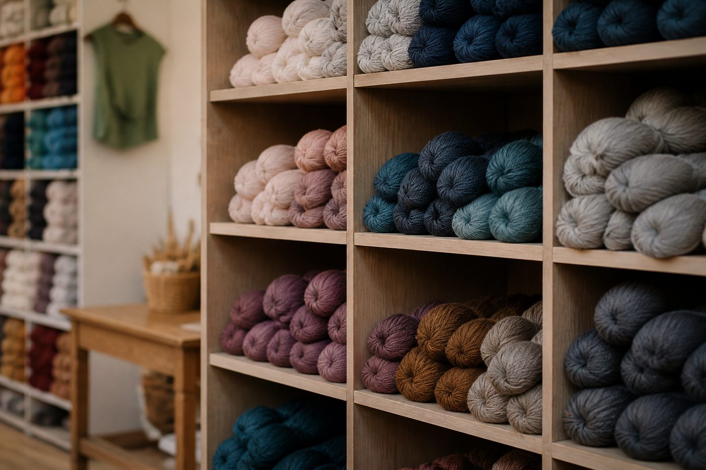 Skeins of undyed wool arranged by weight on a market stall shelf