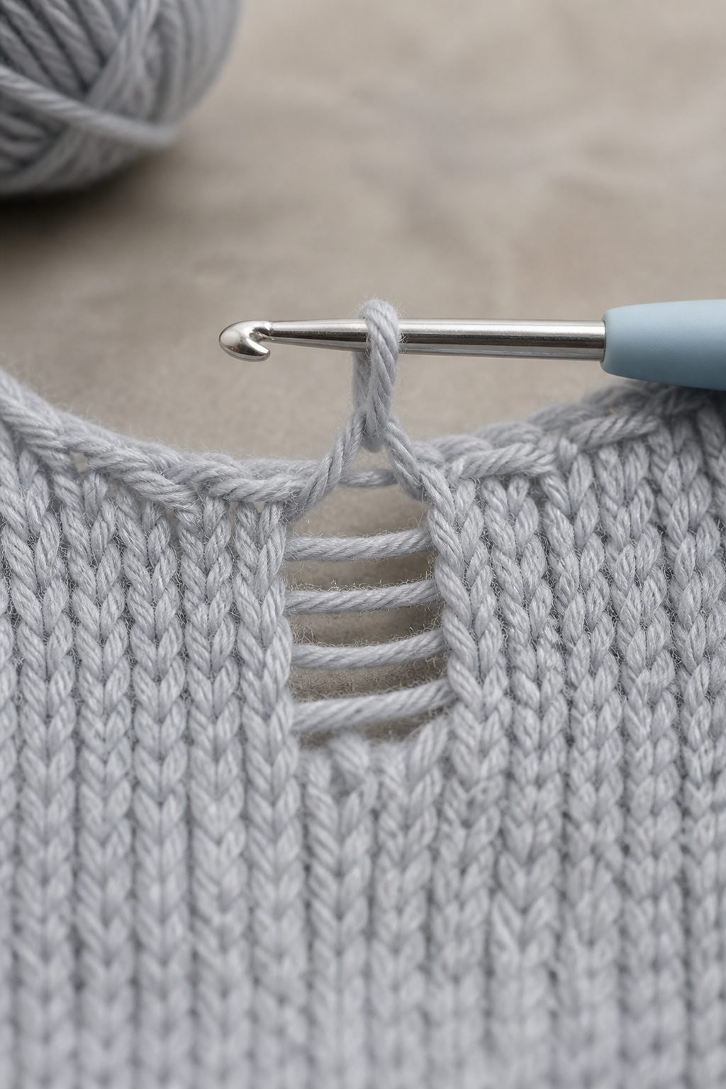 A dropped stitch in stockinette fabric, the loose loop held on a crochet hook above three horizontal ladder rungs.