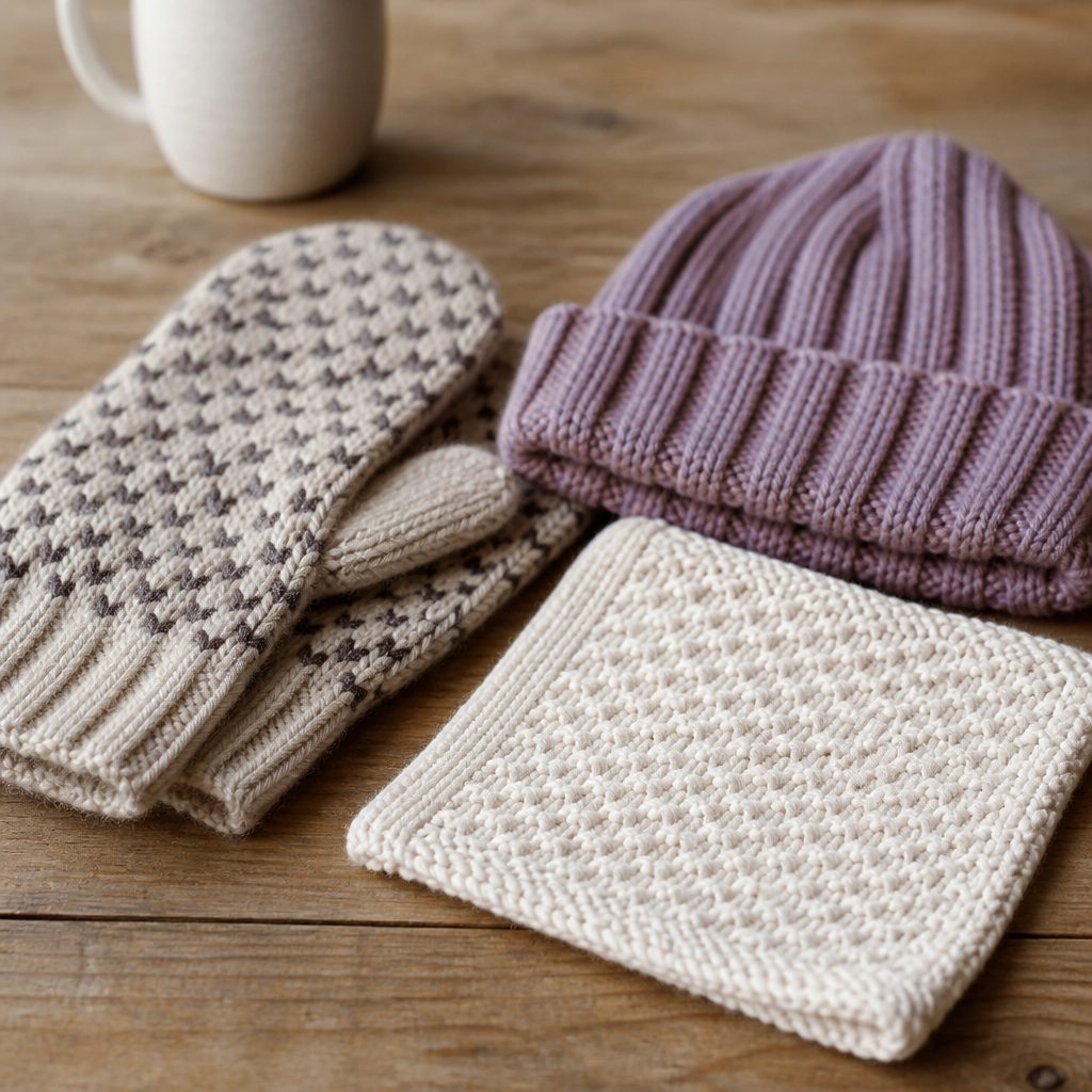 A folded pair of hand-knit mittens, a ribbed hat and a cotton washcloth laid out on a wooden table.