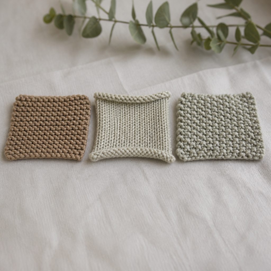 Three worsted weight swatches side by side: garter stitch, stockinette with curling edges, and seed stitch.