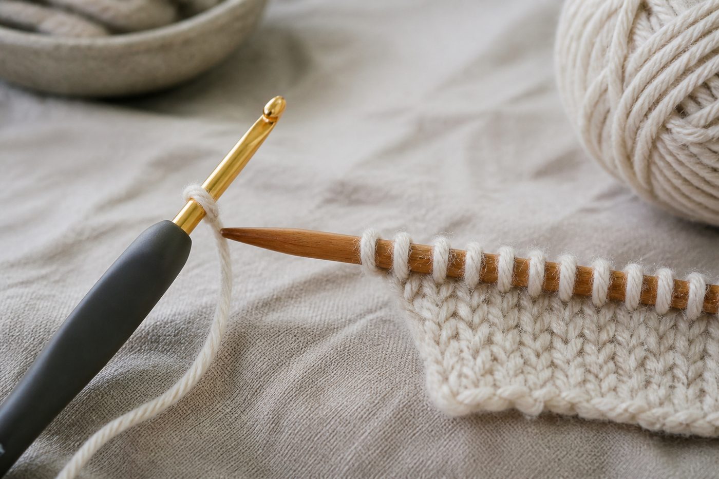 A canvas ditty bag open on a wooden bunk, one ball of grey sock yarn and four short double-pointed needles beside it, daylight from a small round porthole falling across.