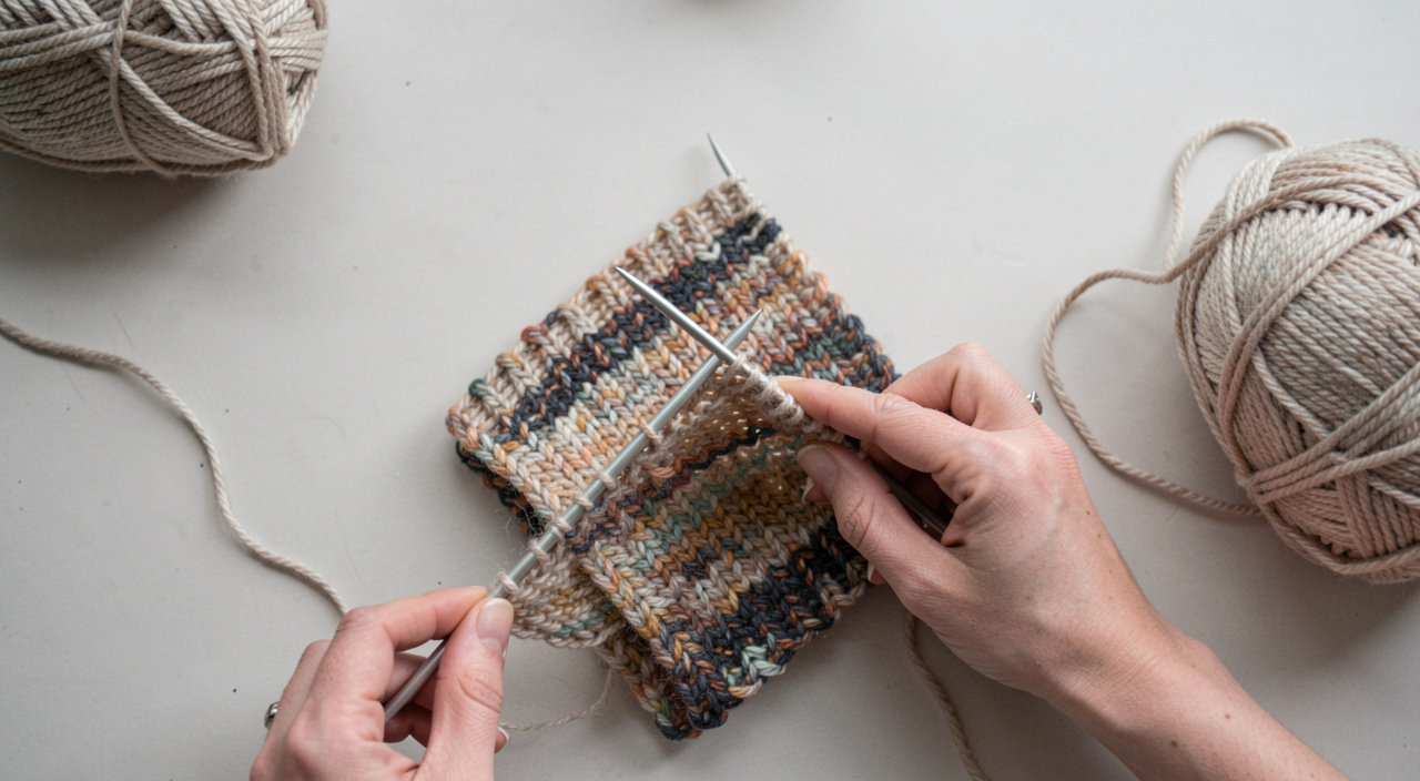 A printed knitting pattern page with the gauge statement, the chosen size column and one repeat marked in pencil.