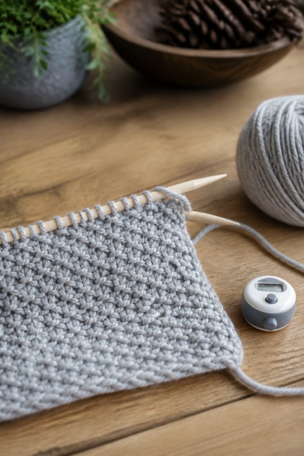 A seed stitch scarf in progress on wooden needles beside a cup of tea